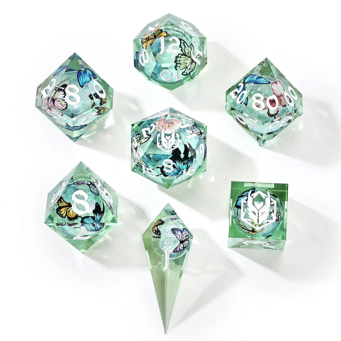 Captured Magic Sharp Edge Resin Liquid Core 7pc Dice set Butterfly Kaleidoscope