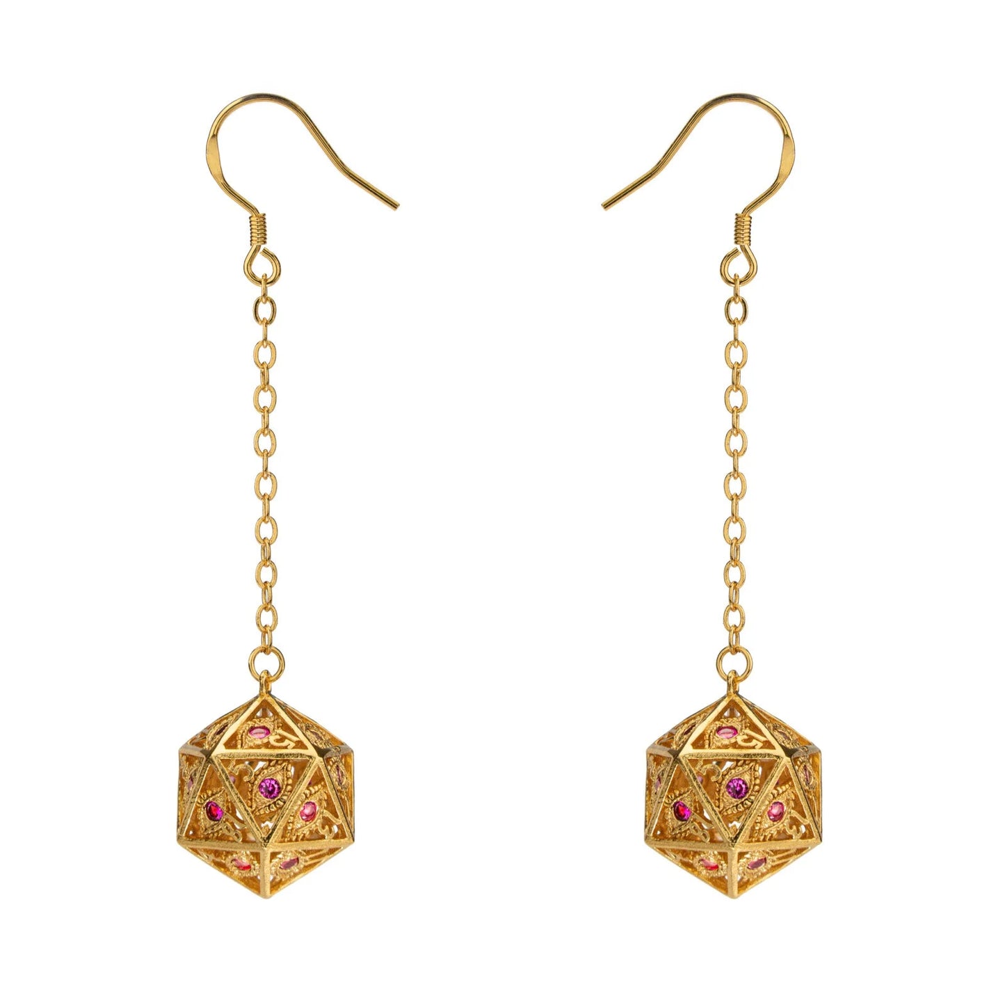 Dragon's Eye D20 Dice Earrings Gold w/Ruby Red Gems