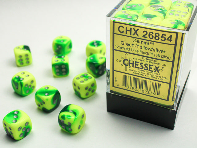 Gemini Green-Yellow/Silver 12mm d6 Dice Block (36 Dice)