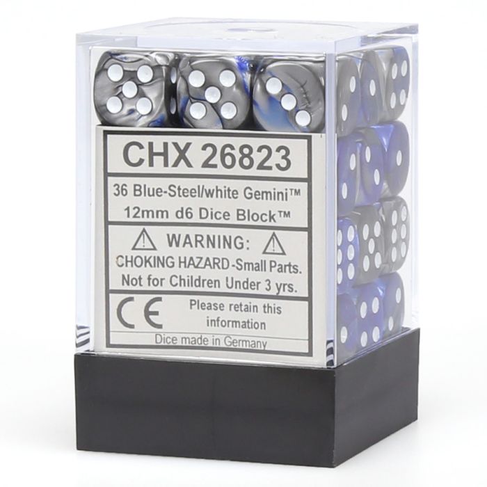 Gemini Blue-Steel/White12mm d6 Dice Block (36 Dice)