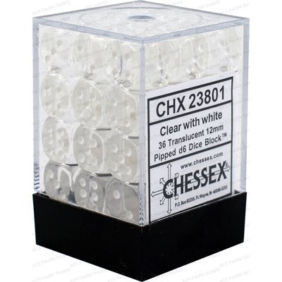 Translucent Clear/White 36D6 12mm Dice Set