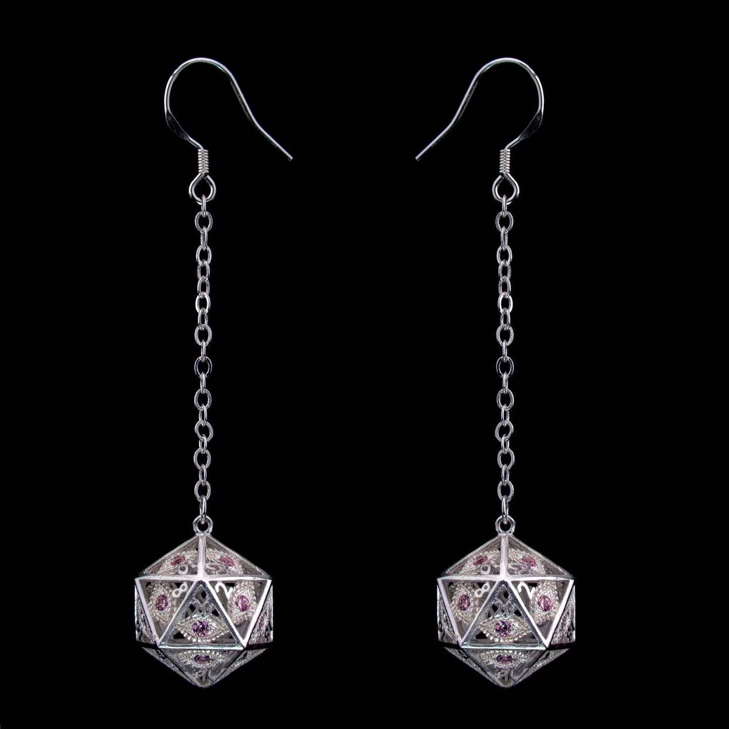 Dragon's Eye D20 Dice Earrings Silver w/Pink Gems