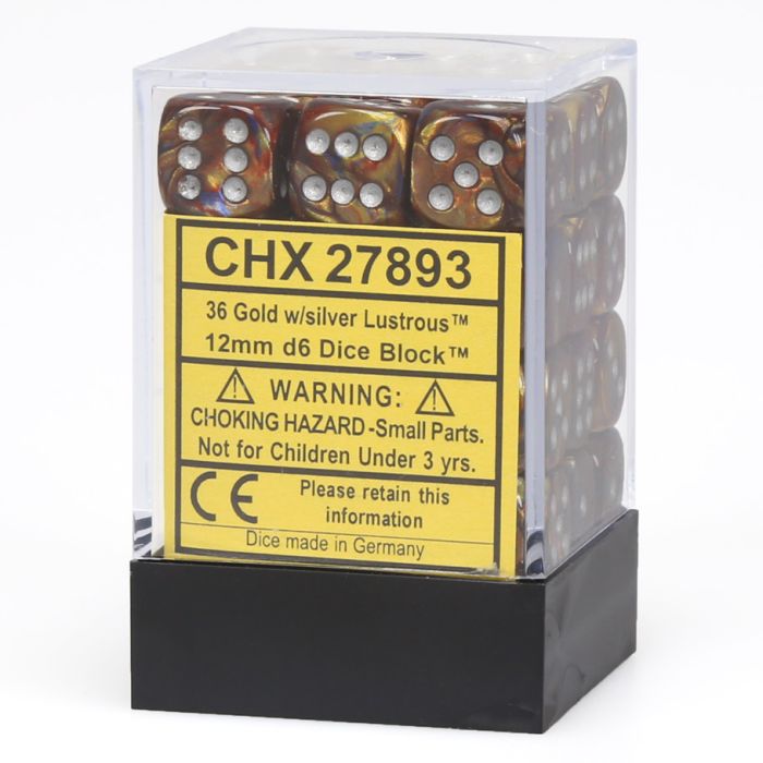 Lustrous Gold/Silver 12mm d6 Dice Block (36 Dice)